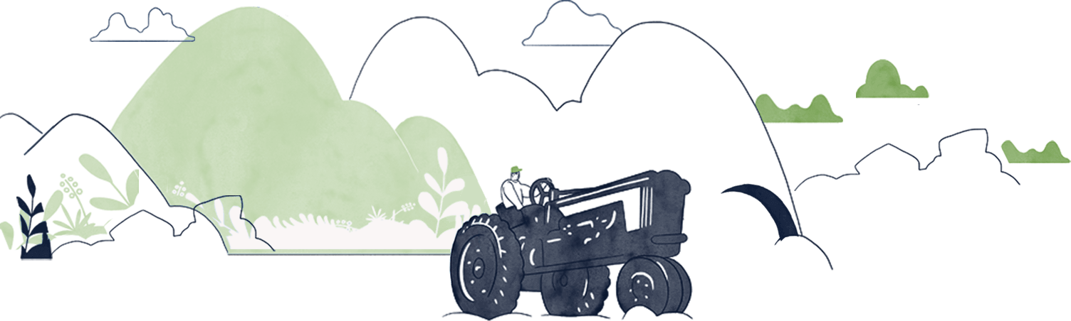 White and grey Illustration of farmer on tractor with blue mountains and clouds for CBD education page.